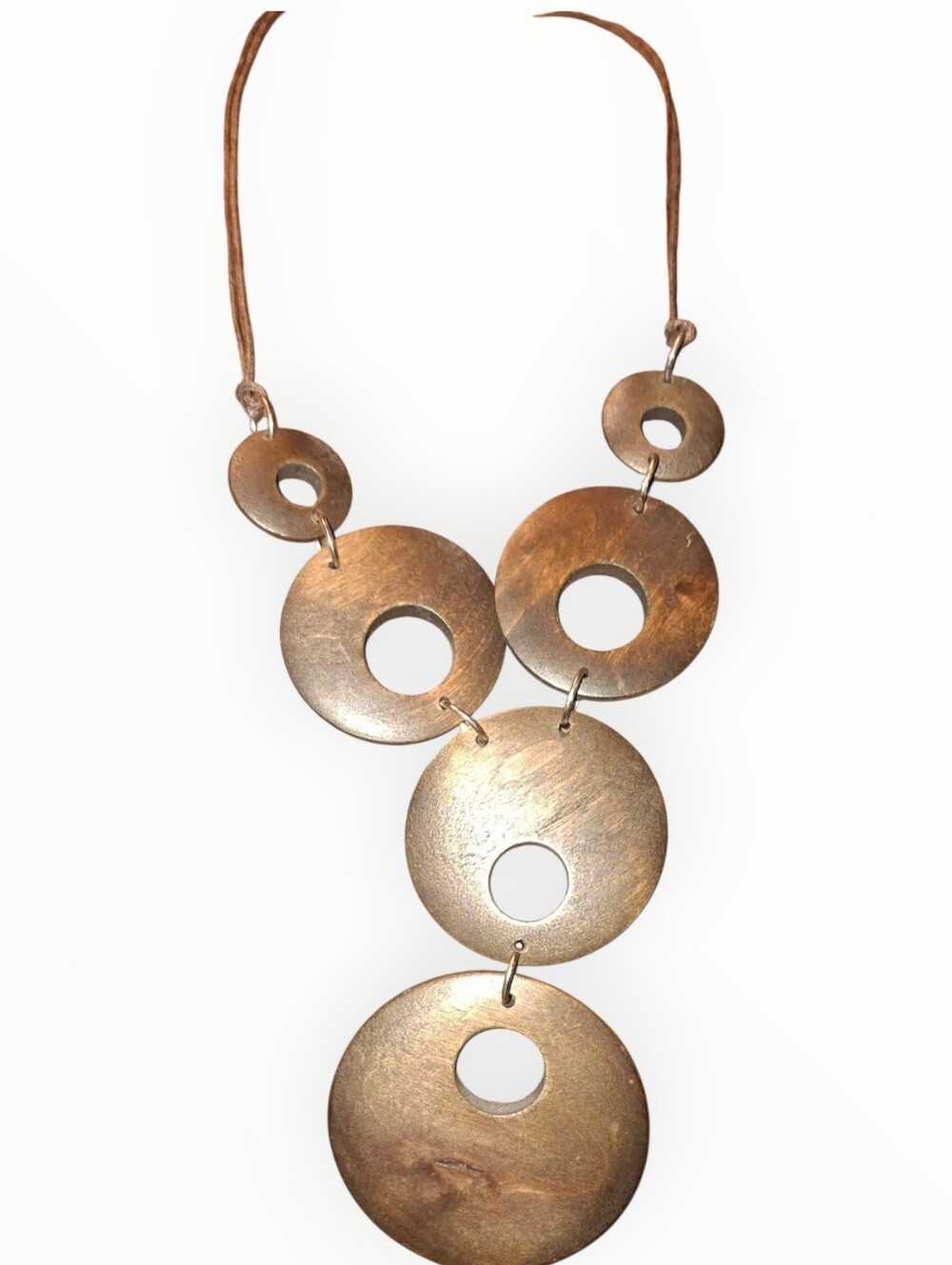 wood Brown and silver layered necklace with circular discs